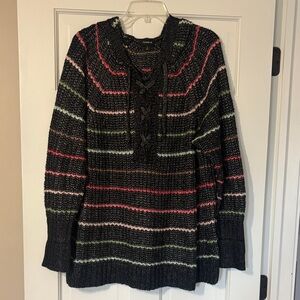 TORRID Striped Black Hoodie Sweater with Pink and Green Accents